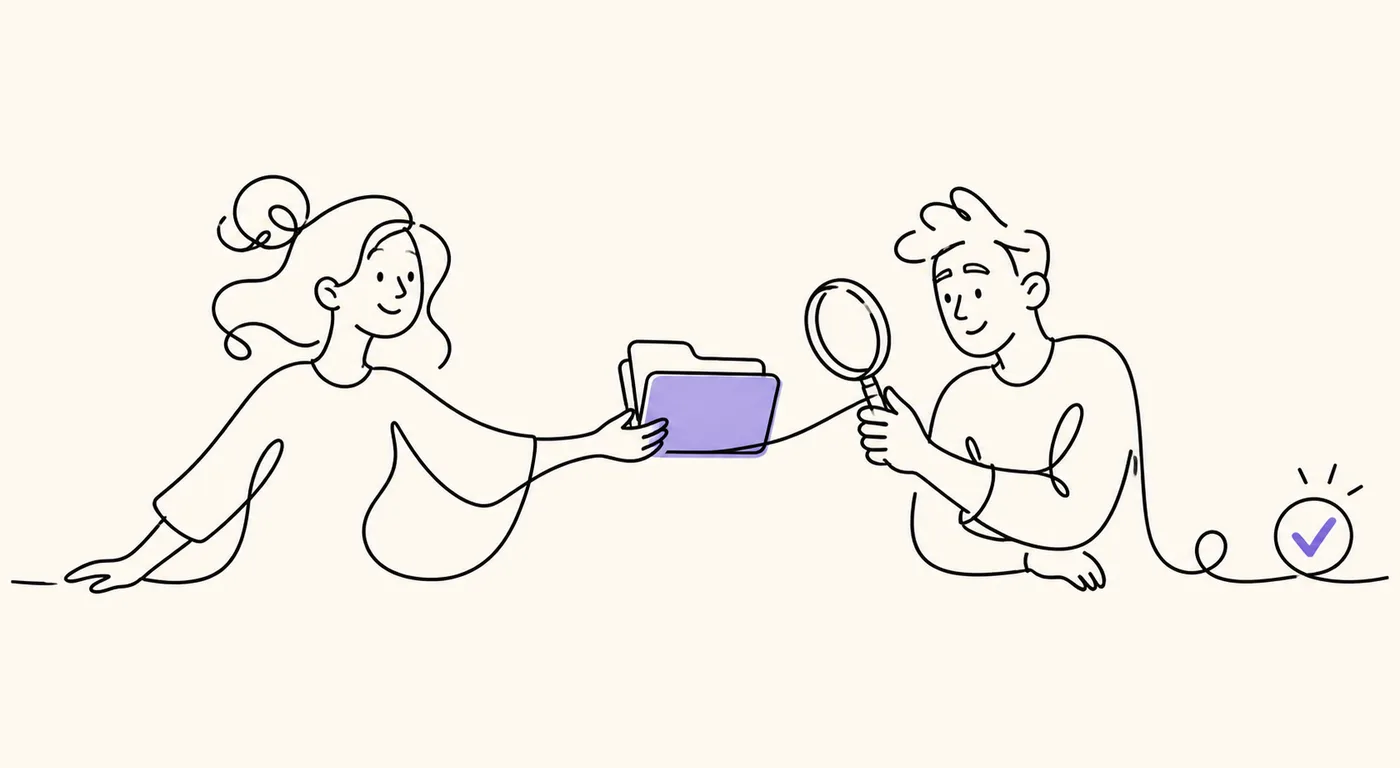 Alice remet un dossier numérique à Bob, qui le vérifie avec une loupe.
