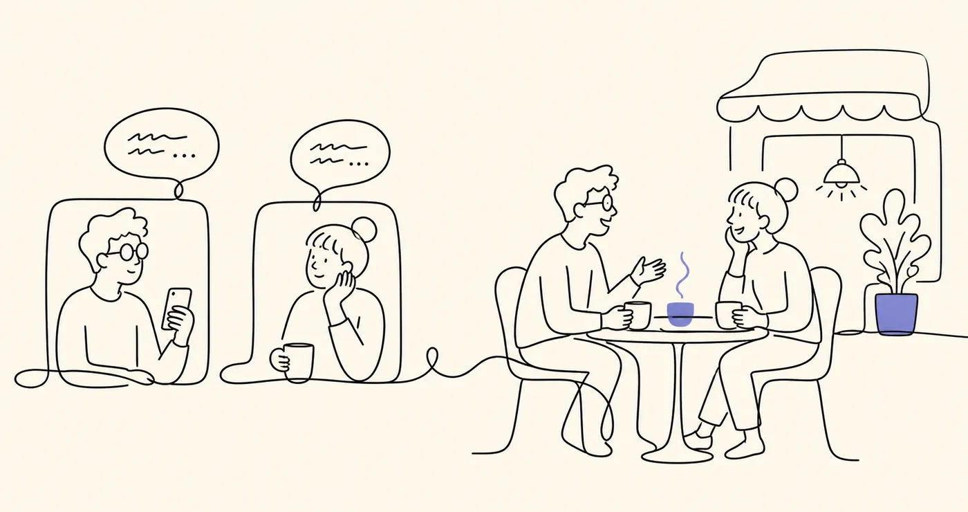 Alice and Bob move from a phone conversation to a friendly meeting at a cafe table.